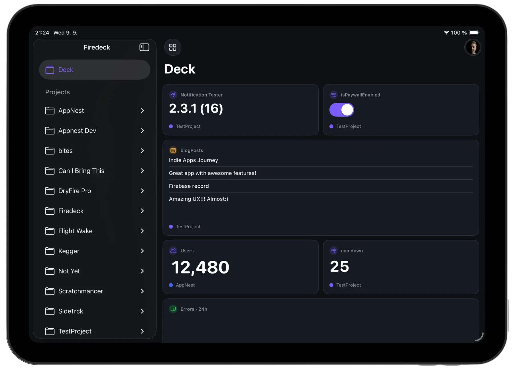 Firedeck on iPad in landscape — sidebar and detail in one view